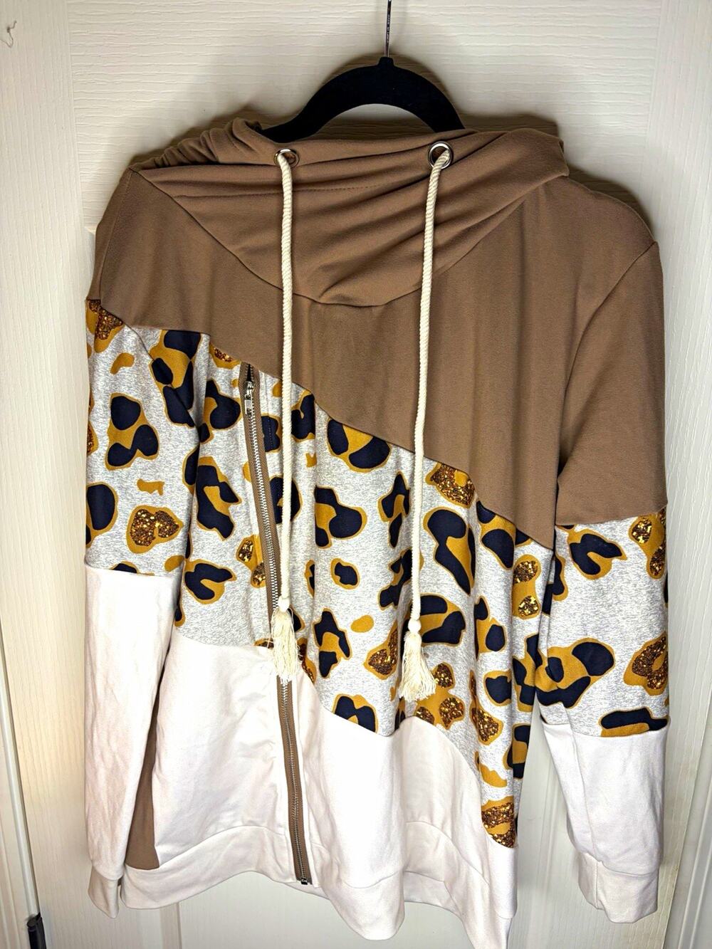 Shirley & Stone Colorblock Leopard Side-Zip Hoodie (Size Medium)